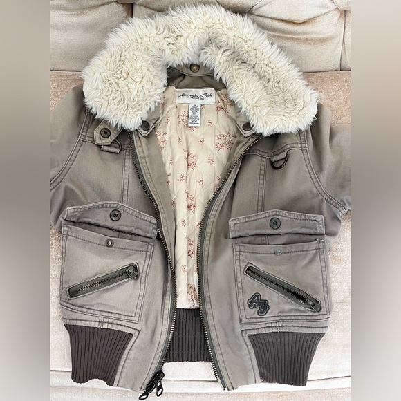 Extremely RARE Y2K Viral Abercrombie & Fitch Bomber Jacket Cotton Sz S faux fur - Picture 5 of 16